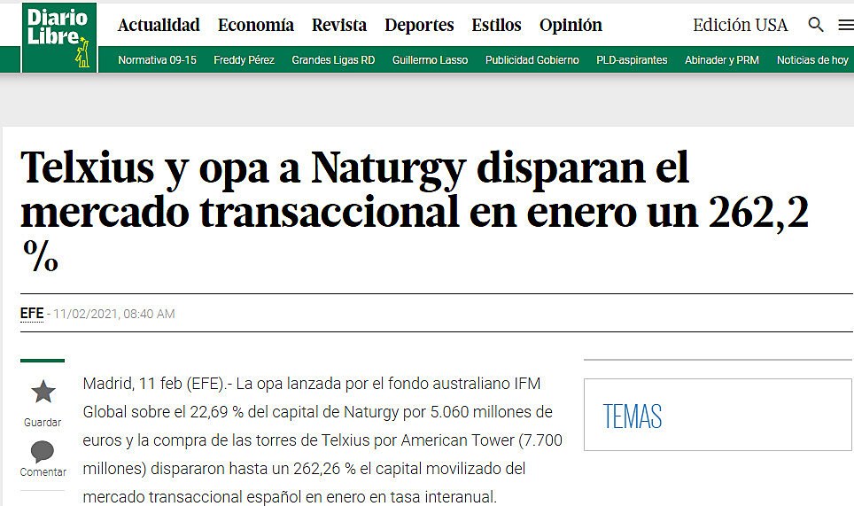 Telxius y opa a Naturgy disparan el mercado transaccional en enero un 262,2 %